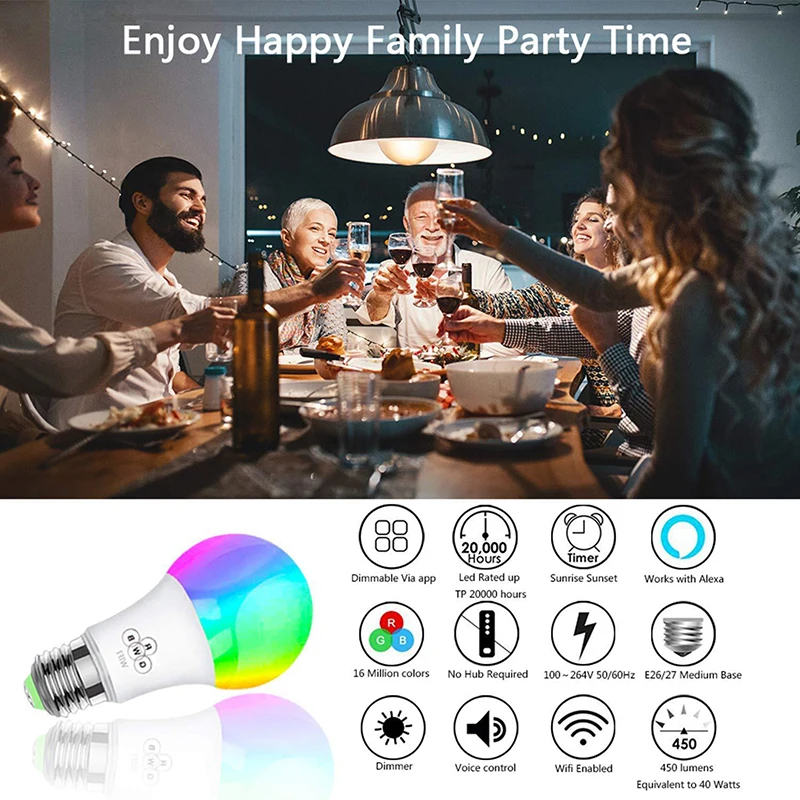 2 шт. WiFi умная лампочка многоцветная светодиодная лампа RGB совместимая с Alexa Google