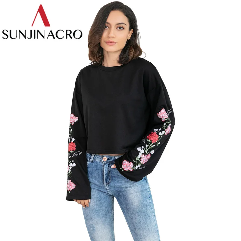 SUNJINACRO 2018 Женский вышитый свитер с цветочной вышивкой свитшоты расклешенными