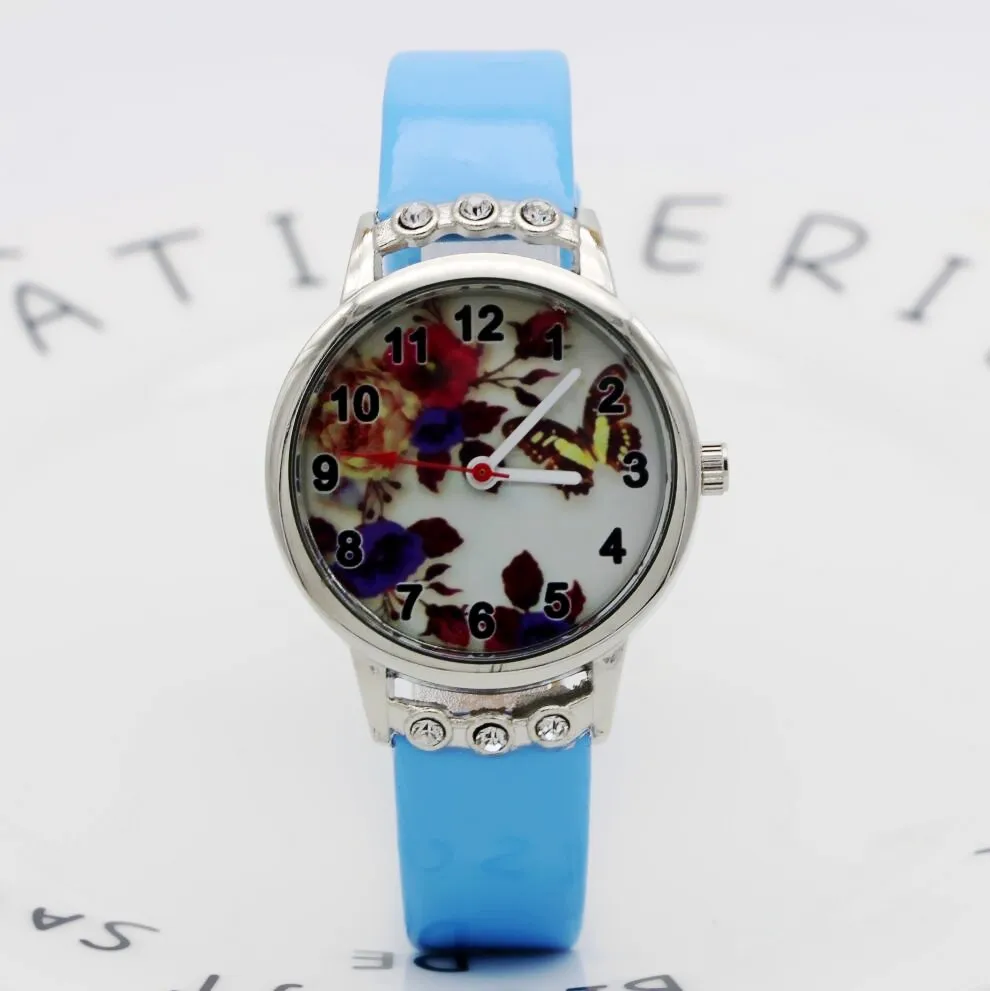 butterfly Kids Watches For Girls Children's with Diamond Cartoon Watch Leather Girl Clock relogio infantil | Наручные часы