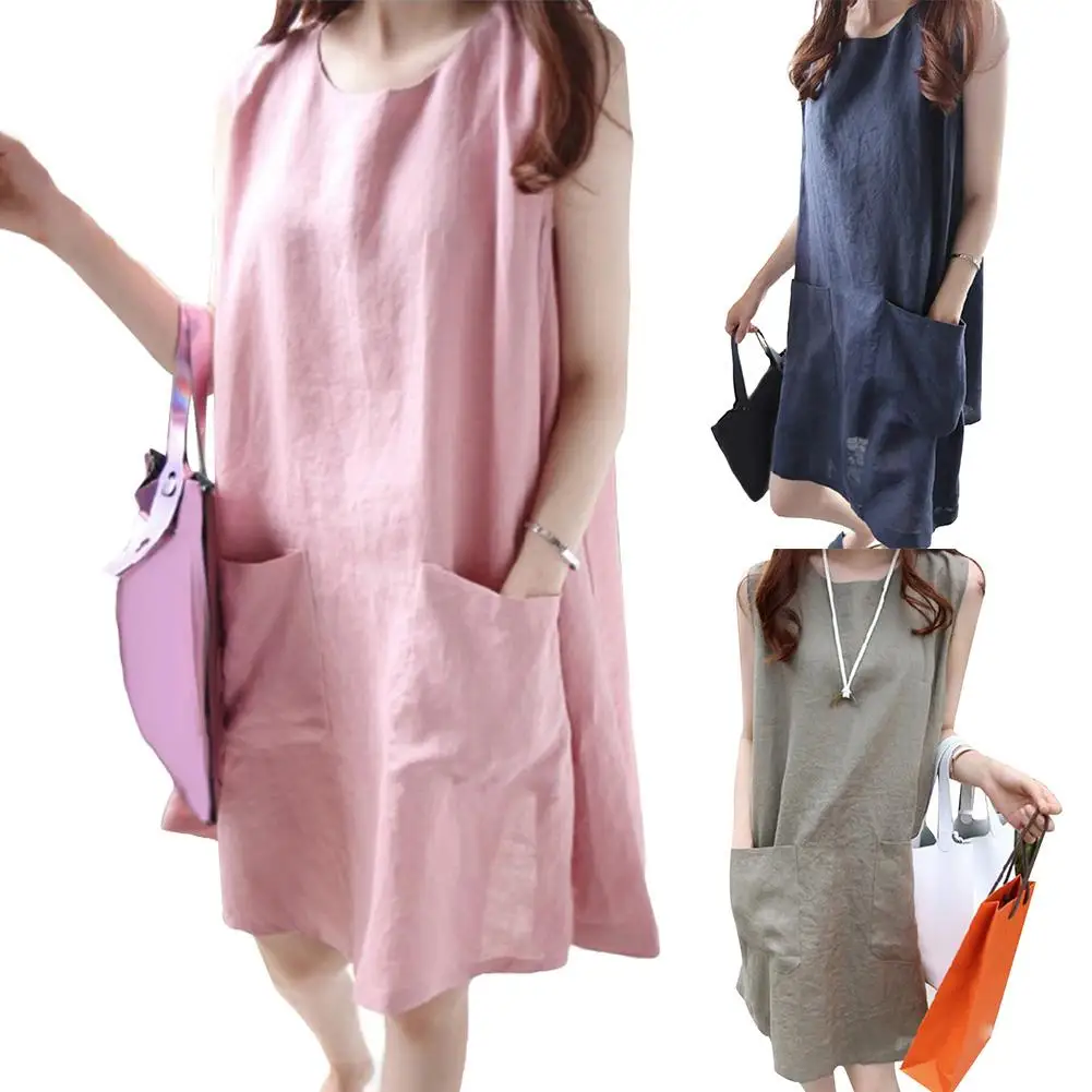 

New Summer Women Solid Color Cotton Linen Sleeveless A-Line Mini Dress with Pockets