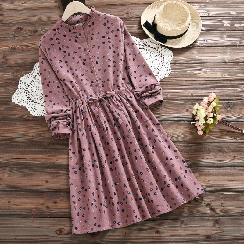 Mori Girl Autumn Winter Women Warm Dress Stand Collar Leaf Print Cotton Ropa Mujer Full Sleeve Navy Blue Pink Elegant Mini | Женская