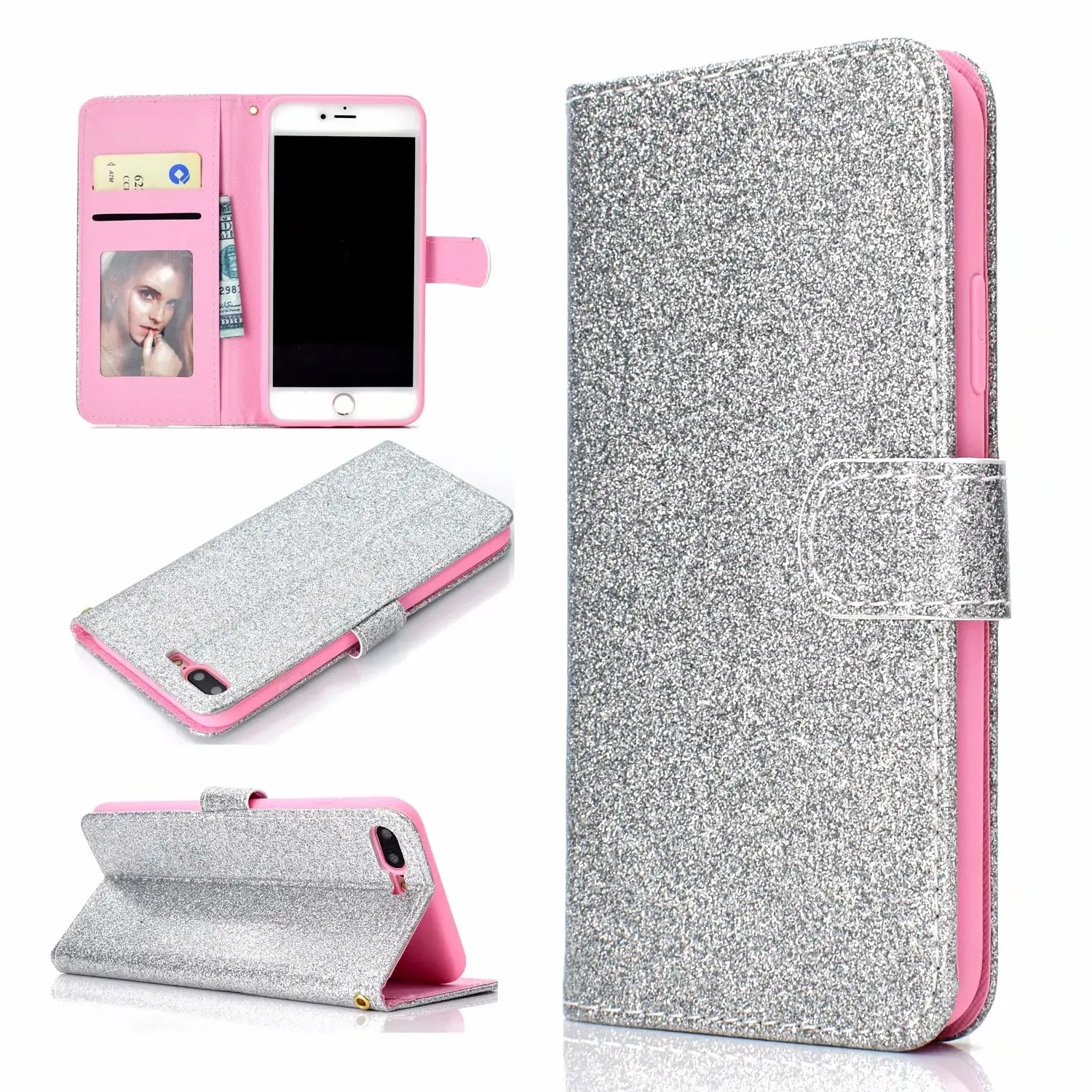 Fashion Shiny glitter wallet PU Leather Card Phone case For iPhone 6 6s 7 8 Plus X Flip Cover Pouch Slot Protective shell Funda | Мобильные