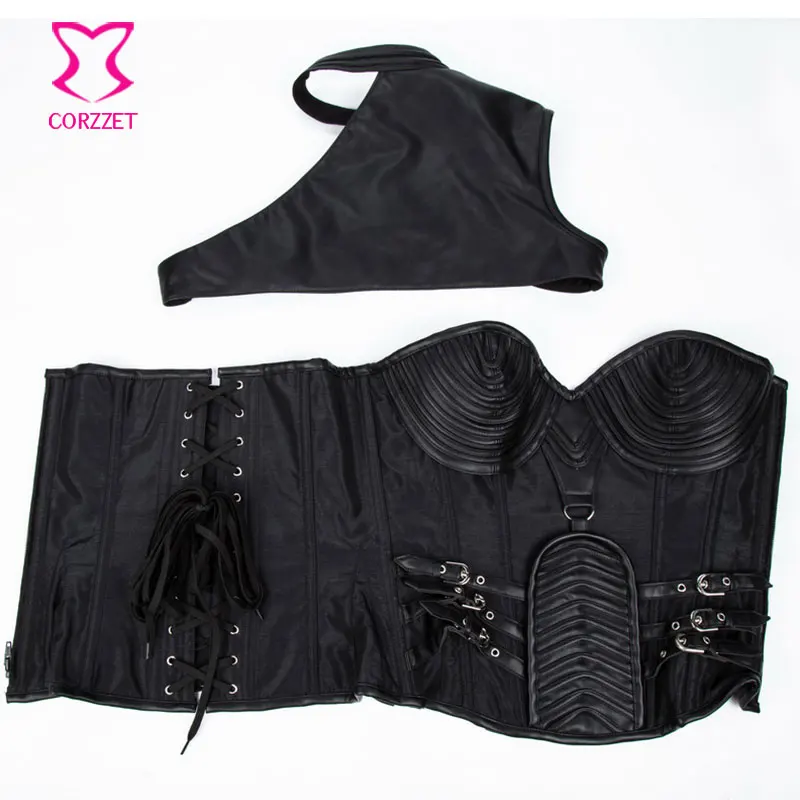 Черный корсет в стиле стимпанк из сатина и кожи большие размеры|gothic corset steampunk