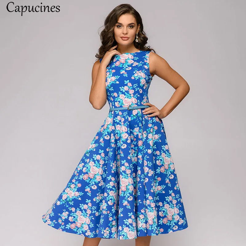 Sky Blue Capucines элегантный голубое платья миди летнее Лето Женщина башня+Футболка напечатанный Платье женское О-образный вырез безрукавный А-силуэт повседневное платье женские Одежда для вечеринки - Цвет: Sky Blue