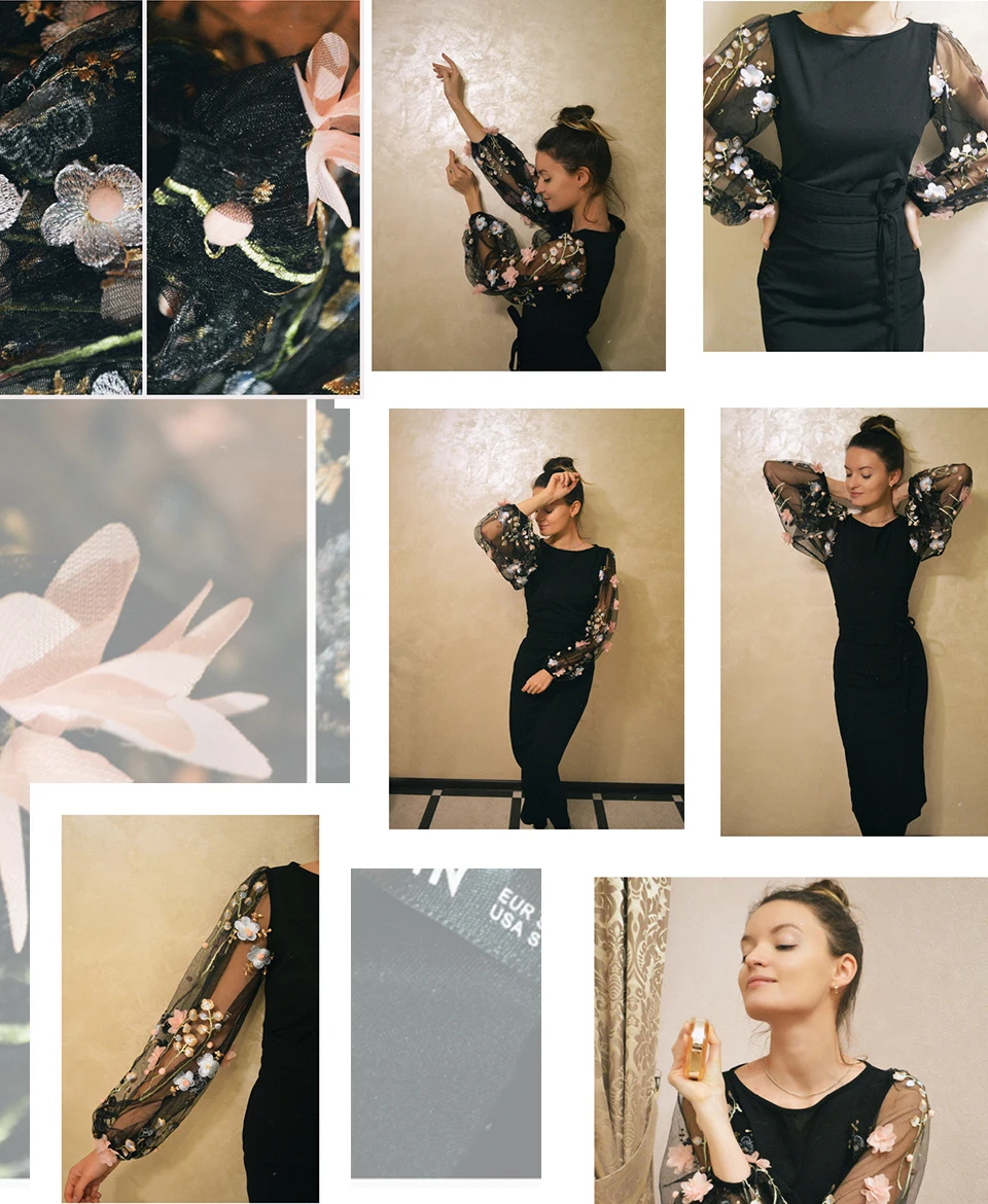 SHEIN черное платье-карандаш с аппликацией и вышитыми сетчатыми рукавами, женские осенние элегантные повседневные платья-карандаш с вырезом лодочкой