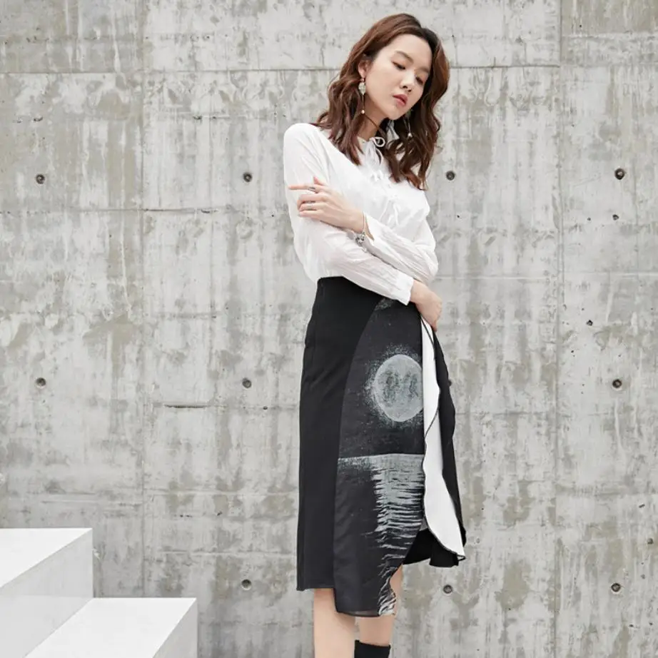 

Women's Fancy Moon Lake Retro Vintage Printed Party Long Skirts2019 Ladies New Designer Brand Ruffles Skirt H114