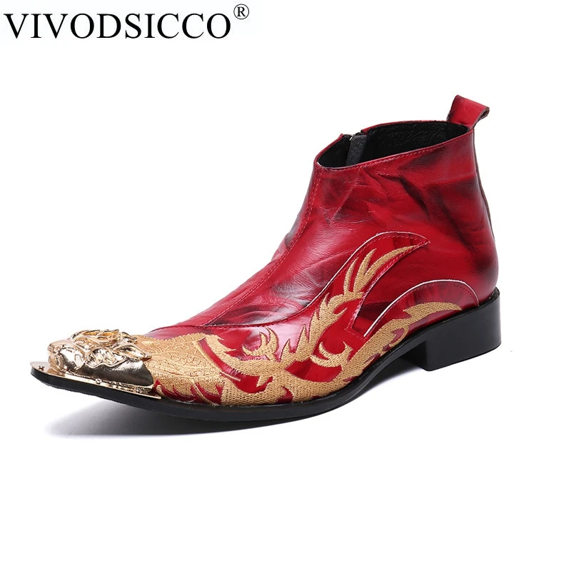 

Men Leather Boots Basic Red Color Fashion Luxury Brand Slip On And Zip Ankle Men's Pointed Toe Dress Oxfords Shoes Sapatos