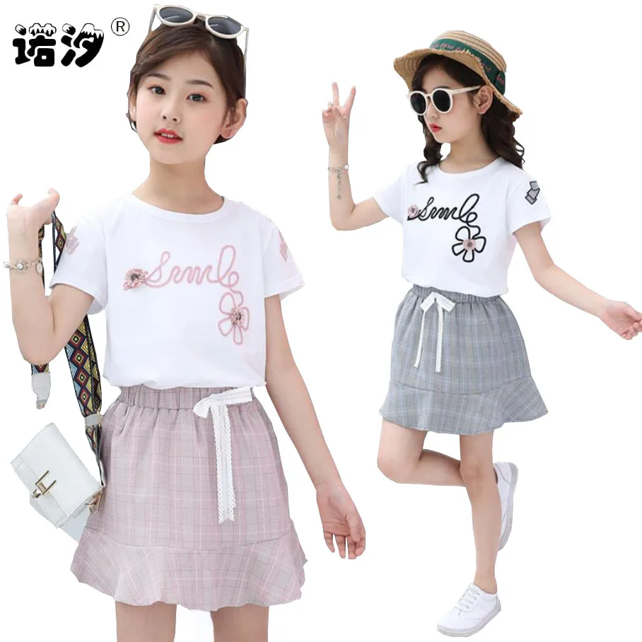 Летние комплекты для девочек костюм платье Детская футболка и юбка 2 шт./компл.