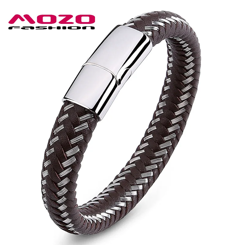SY008-Z Mozo Fashion подвеска плетеный кожаный браслет мужские браслеты ручной работы Мода Нержавеющая сталь застежка мужской браслет на запястье - Окраска металла: SY008-Z