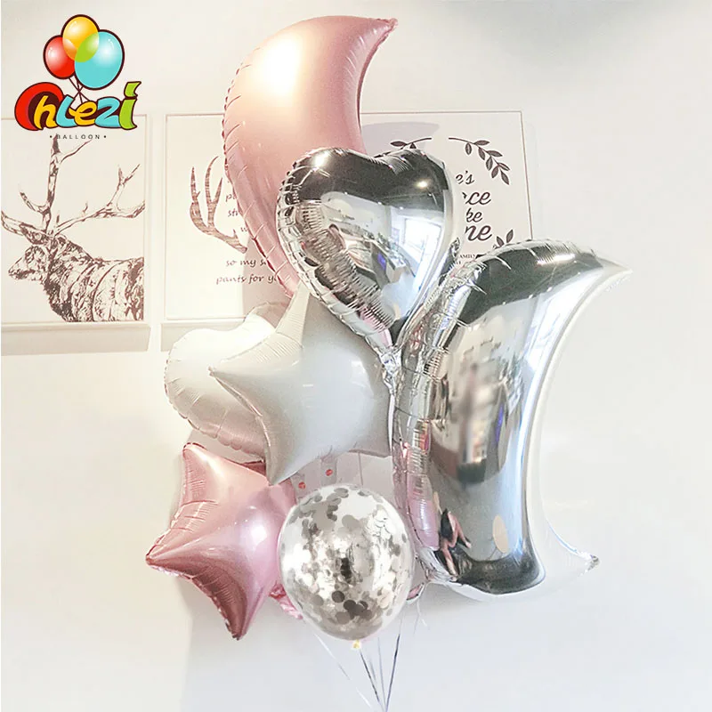 

9pcs Big Moon Gold silver pink Foil balloon 18 inch heart star Helium Globos birthday party wedding Decorate Confetti balloons