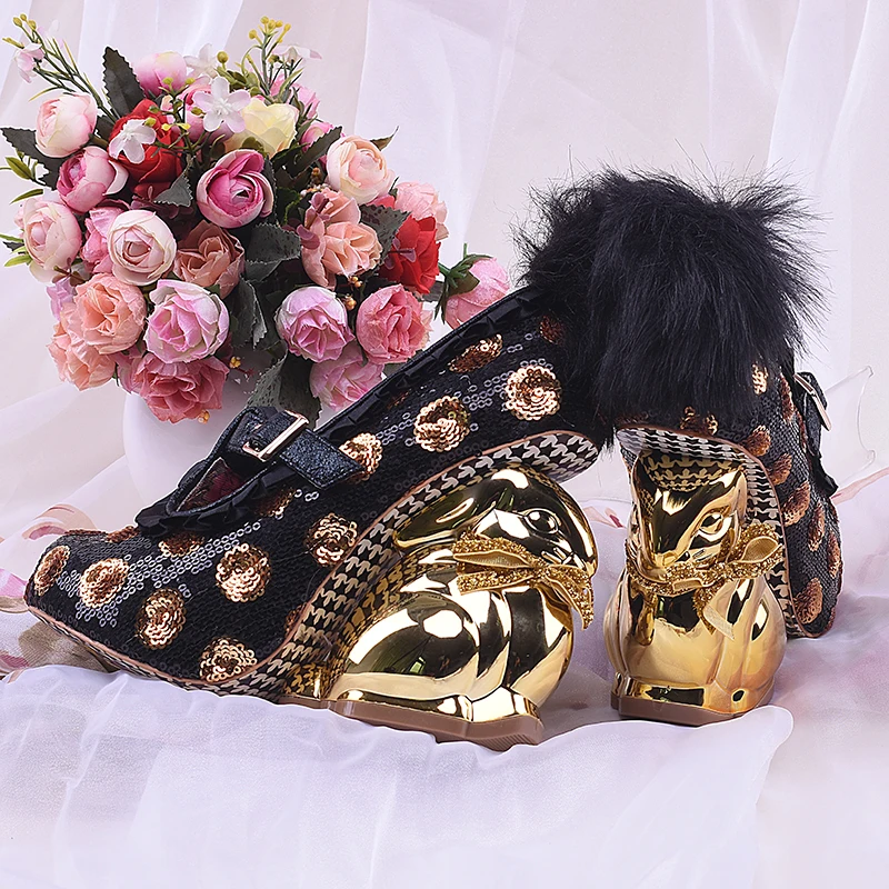 Женские туфли на танкетке с блестками розовые лодочки кроличьим каблуком