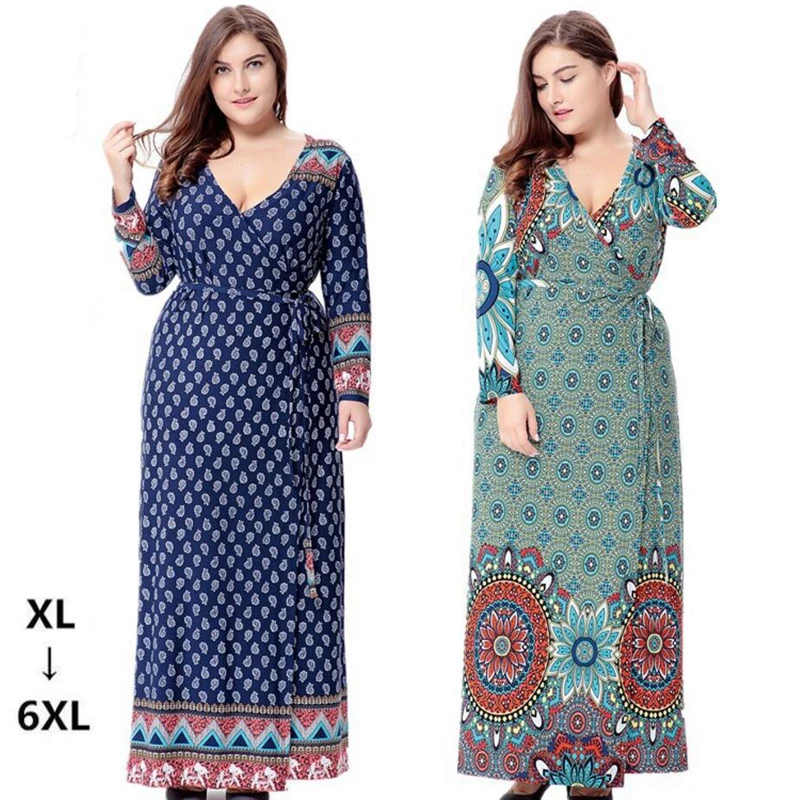 XL 6XL плюс Размеры платье Для женщин Boho Макси с запахом цветочным принтом