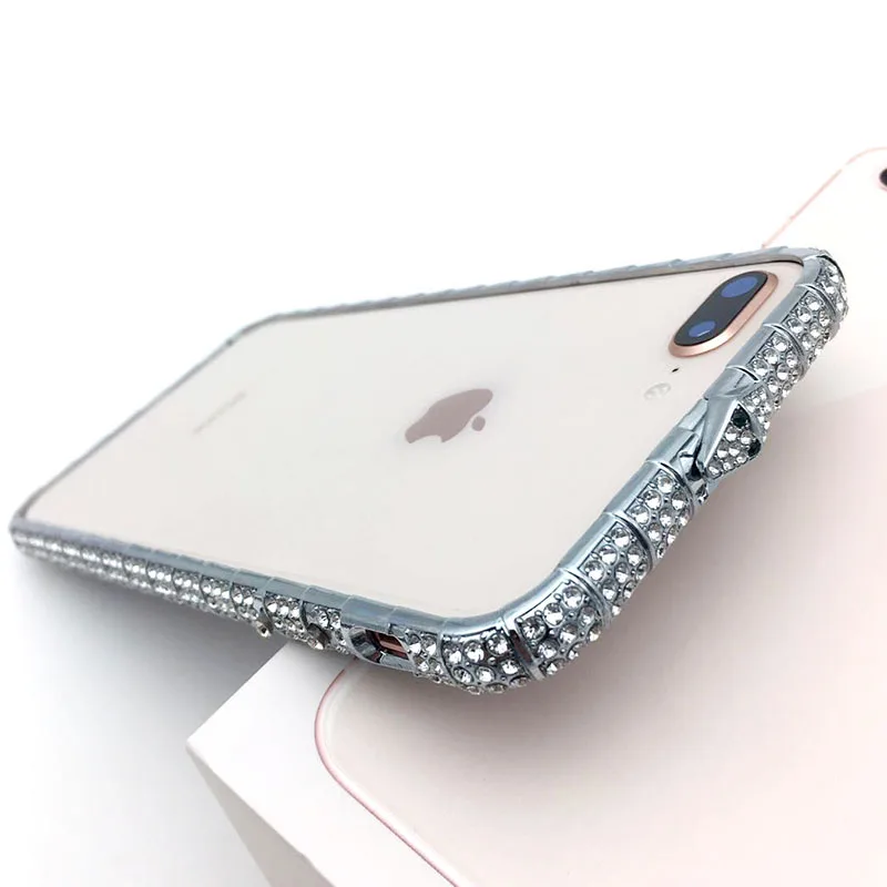 Silver Роскошный Шикарный чехол-бампер с алмазами для iPhone X XR XS Max 8 7 6 6S Plus чехол Модный Блестящий Кристалл Змея со стразами металлический каркас чехол s - Цвет: Silver