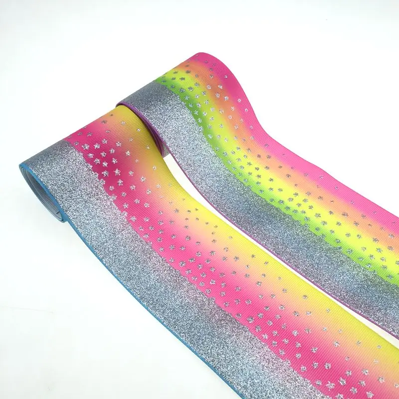 3&quot 75mm silver glitter printed with rainbow heat transfer grosgrain ribbon very soft to make big bow | Дом и сад