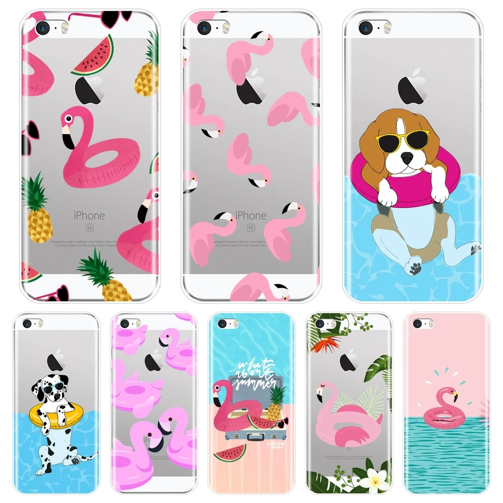 TPU Soft Back Cover For iPhone 5C 5S SE 5 S Summer Dog Pink Flamingo Pineapple Flower Phone Case Silicone For iPhone 4S 4 S