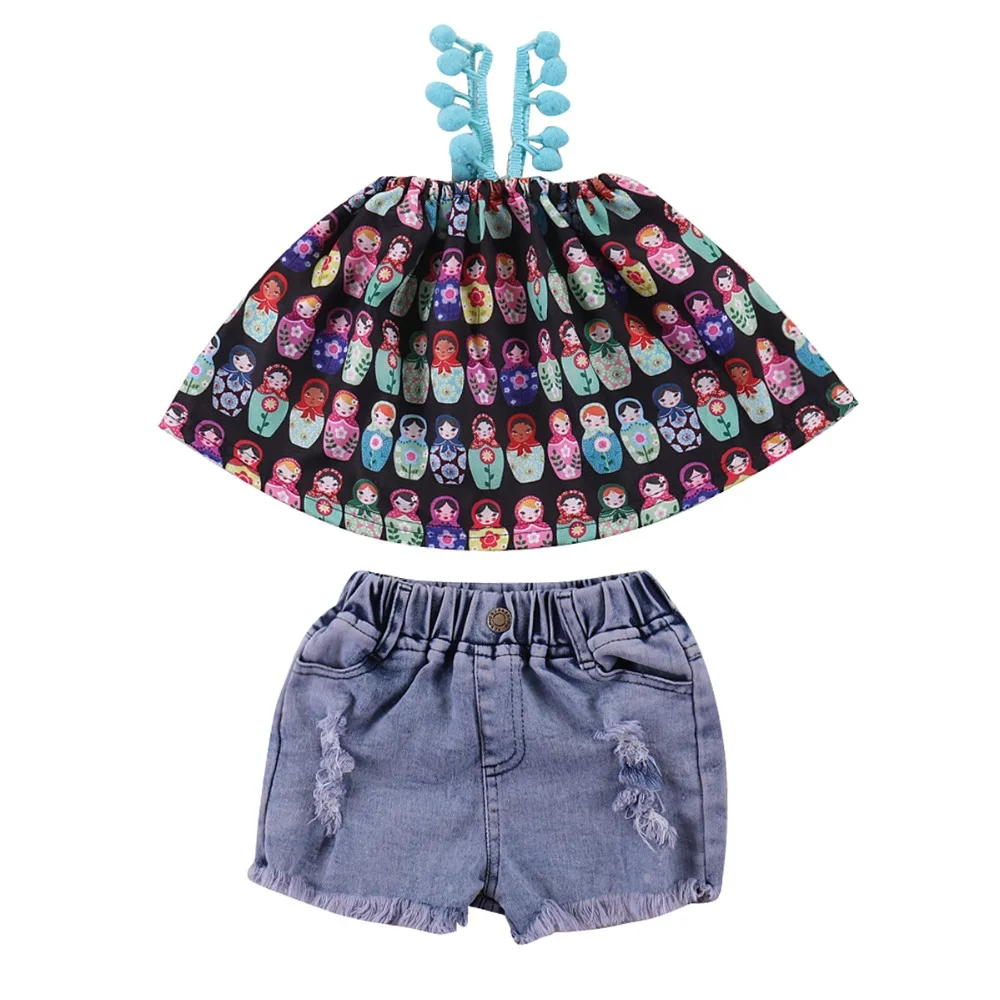 Комплект модной одежды для девочек летняя одежда маленьких топ на бретельках с