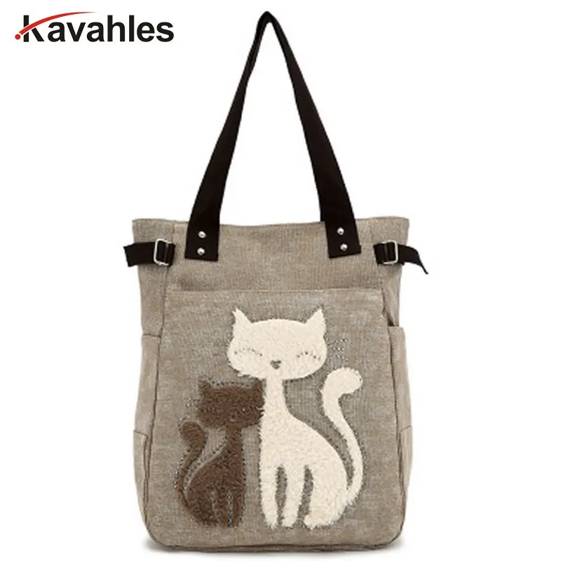 Сумка женская холщовая с аппликацией кота модный саквояж на плечо повседневный
