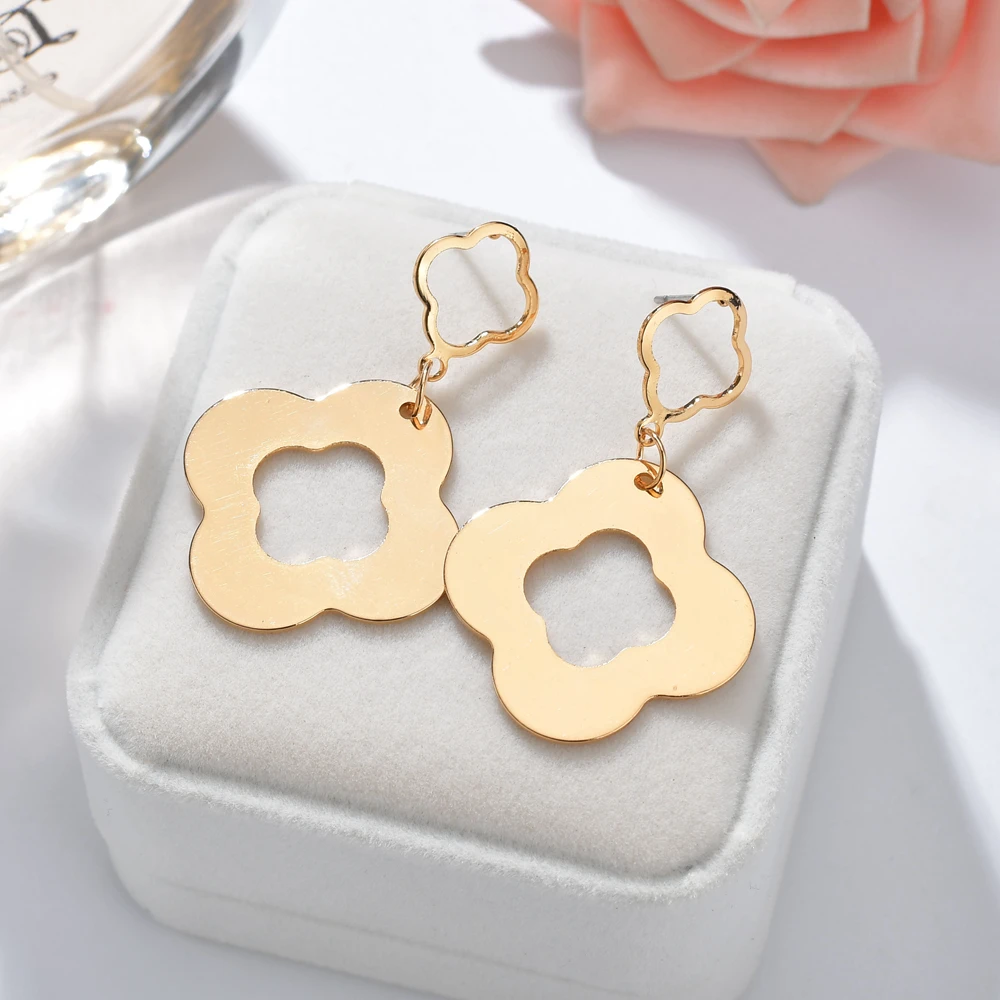 2019 Simple Alloy Earrings Gold Color Flower Design Geometry Double Hollow Drop For Girls Party Jewelry | Украшения и аксессуары
