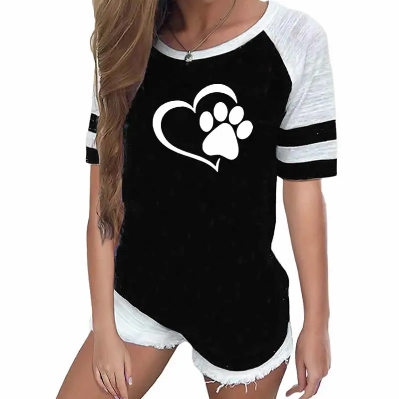 New Fashion Love Dog Paw Print Top Shirt Women Plus Size Raglan Pink T-shirt Tumblr Cropped Cute