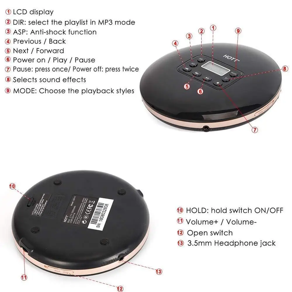 HOTT Portable Mini CD Player Rechargeable Built-in Battery Personal Compact Disc with LCD Display Anti-Shock Function | Электроника