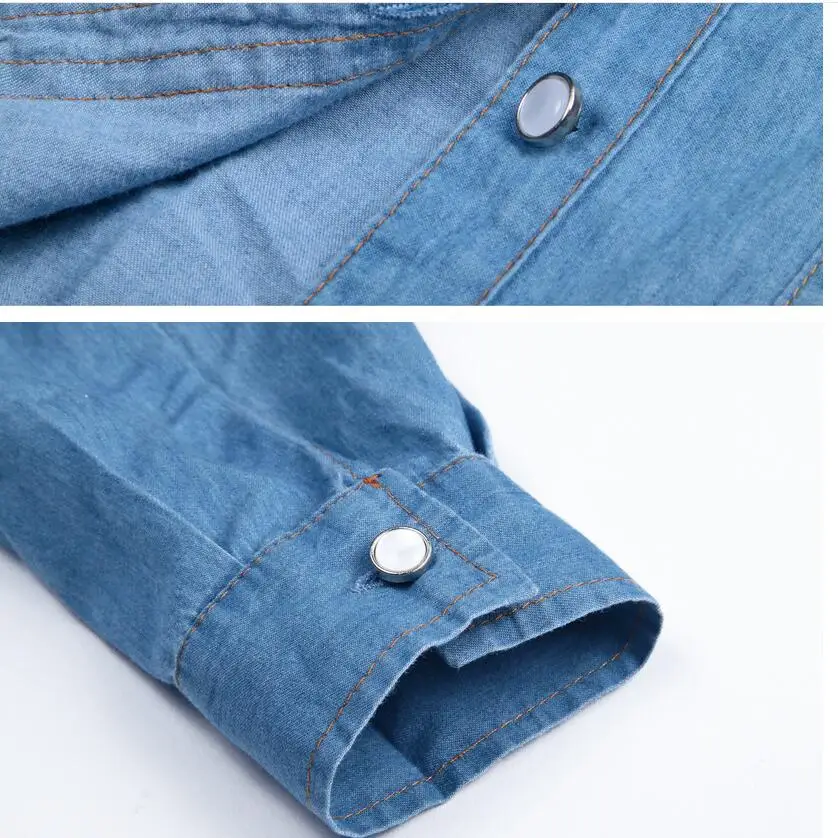 Осенняя женская джинсовая рубашка блузка с отложным воротником и длинными