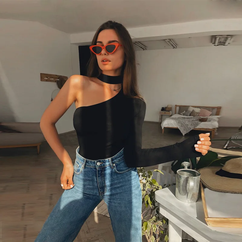 

Sexy Bodysuit Women Slim Long Sleeve Bodycon Bodysuits One Shoulder Jumpsuit Short Romper Black Leotard Tops Triangle Trousers