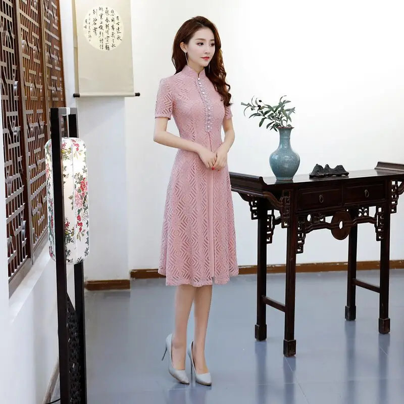 Короткий стиль розовый женский s m ini Cheongsam Летнее китайское кружевное тонкое платье Qipao Новое поступление Vestidos Размер s m L XL XXL XXXL 27510A