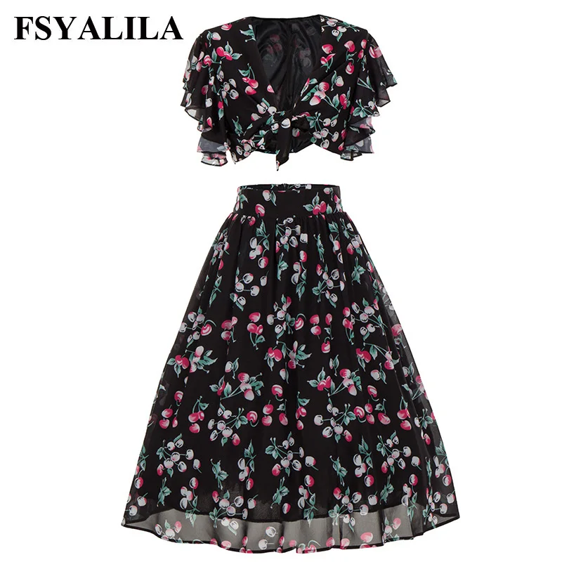 Шифоновое черное платье с вишенками из двух частей для женщин 2018 весна лето