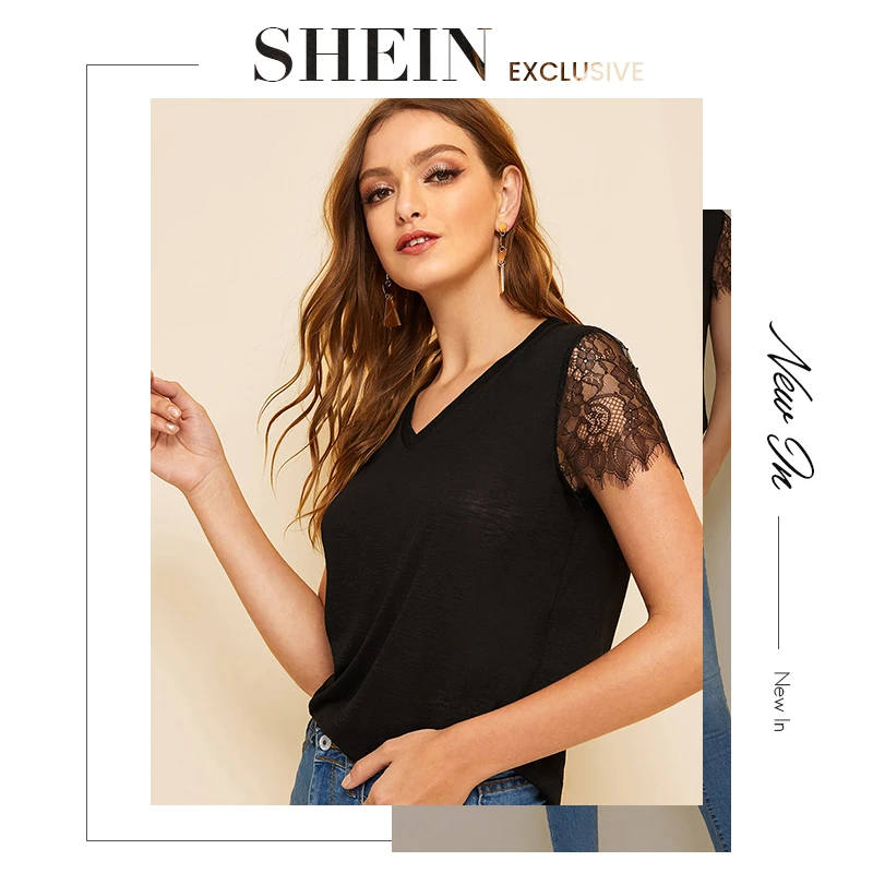 SHEIN повседневный черный или белый кружевной топ с отделкой ресниц, женская летняя футболка с v-образным вырезом и коротким рукавом, однотонные базовые футболки