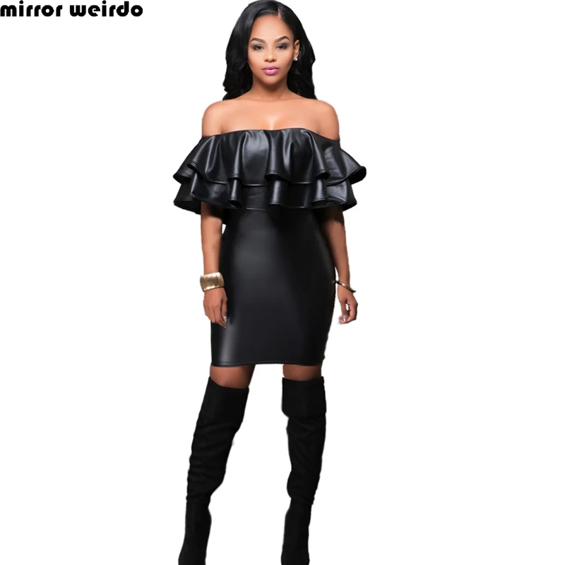 Ночной Клуб Женщин Платья Повязки Дамы Черный PU Платье Кожа С Плеча Sexy Party Bodycon