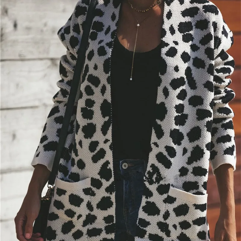 2018 Autumn Winter Women Long Open Stitch Knitted Cardigan Outwear Sleeve Leopard Print Sweater |