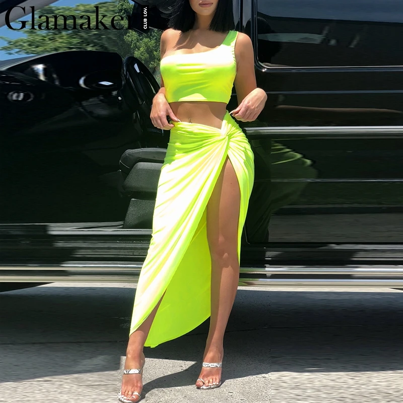 Glamaker, неоновое длинное платье на одно плечо, 2 шт., женское облегающее Клубное платье миди, летнее сексуальное укороченное платье размера плюс, нестандартные платья