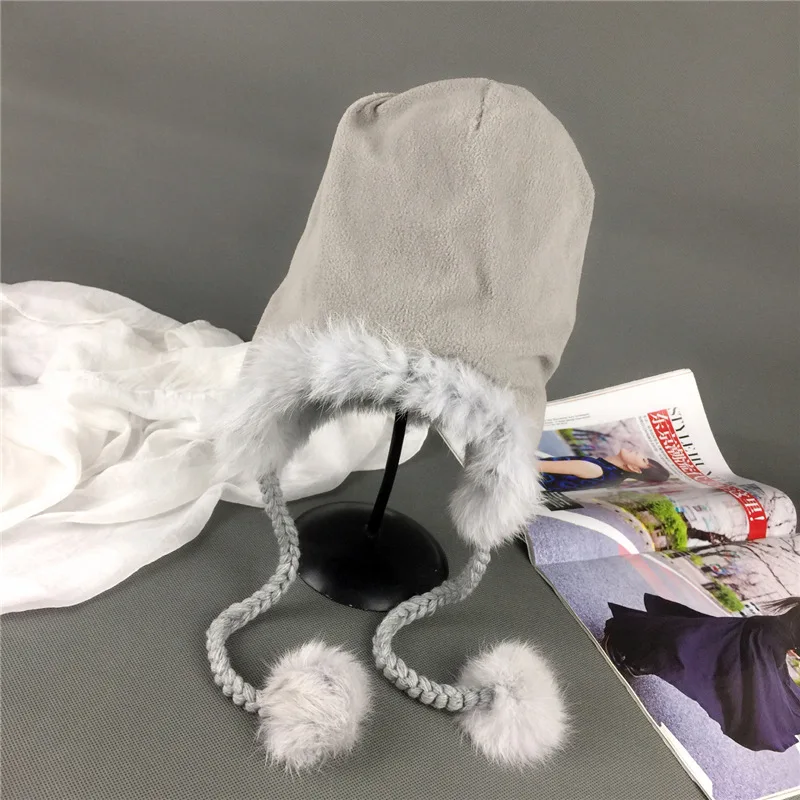 Модная женская зимняя теплая вязаная шапка с помпоном из кроличьего меха|Женские
