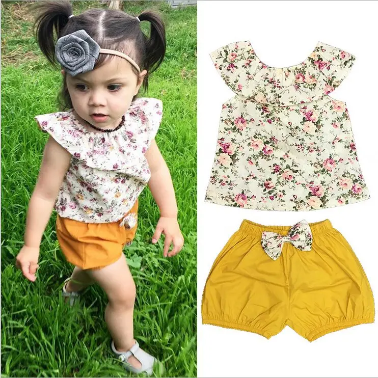

Summer baby girl clothing set Floral sleeveless vest + cute yellow shorts 2 Pieces suits Newborn infant toddle girls clothes