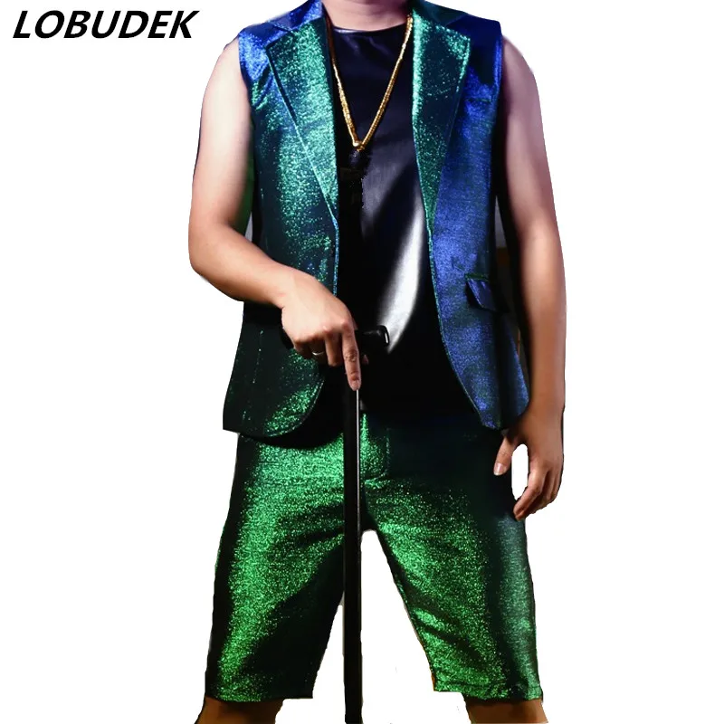 

Dazzle Color Green Vest Jacket Pants Men Suits Fashion Slim Blazers Tide Male Singer Vocal Concert Punk Rock Performance Costume