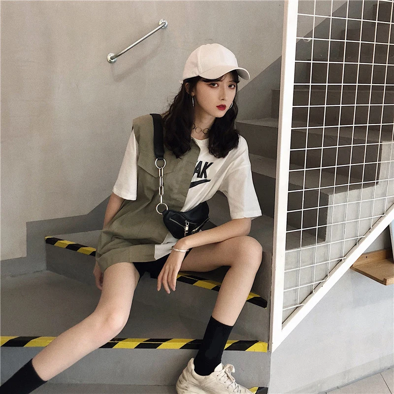 Woherb летняя Harajuku футболка Женская Корейская уличная Лоскутная рубашка Женская свободная длинная футболка Camiseta Mujer 21266