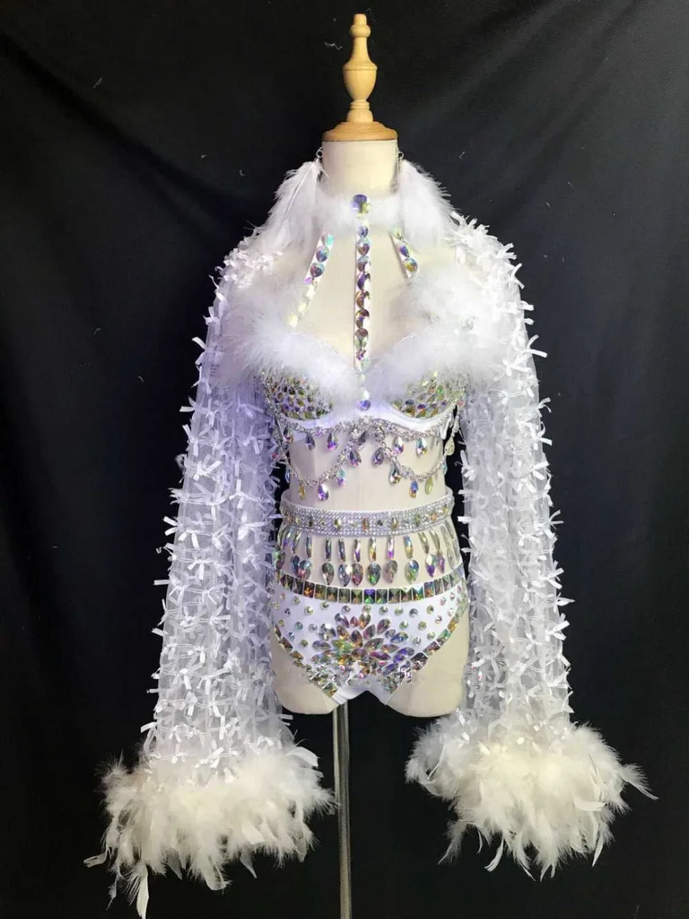 Fashion Design White Feathers Long Trailing AB Rhinestones Bikini Set Stage Female Singer Performance Costume Nightclub Clothing