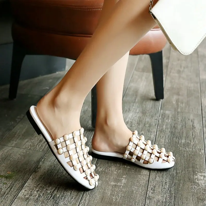 ZawsThia summer pu leather flat slides shoes woman slippers with pearls cover toe hallow cut out mules extra large size 46 47 48 | Обувь