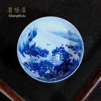 Changwuju in Jingdezheng Kung Fu tea ware hand painted by Jinhongxia blue and white  color glaze porcelain tea bowl for host use