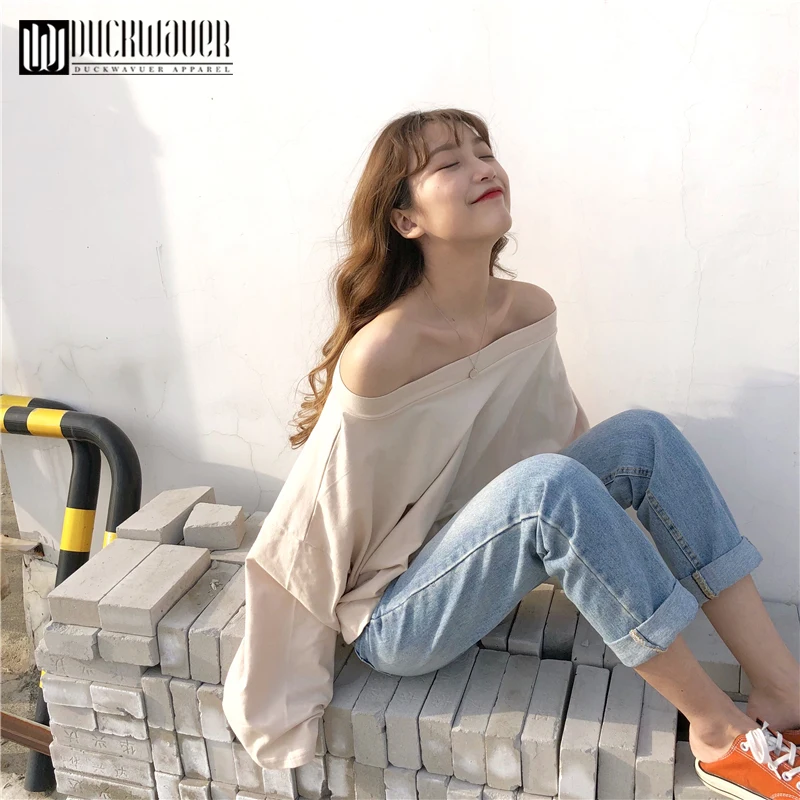 Duckwaver 2019 новый стиль модная женская Однотонная футболка с вырезом лодочкой рукав