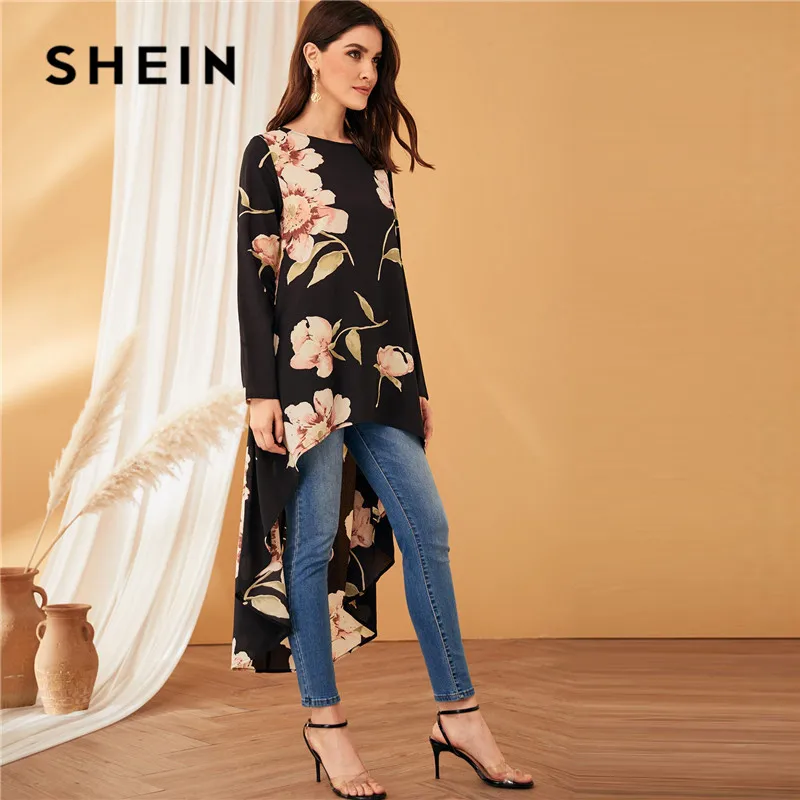 SHEIN, женская блузка с цветочным принтом и высоким низом,, черная, круглый вырез, длинный рукав, весна-лето, блузка, асимметричные женские топы