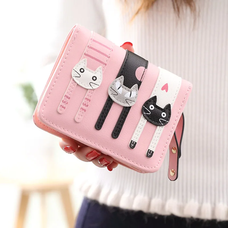 

Purse Female Short Women Wallet Day Cute Cartoon Cat Three Zipper Students Trend Wallet Coin Purse A4606