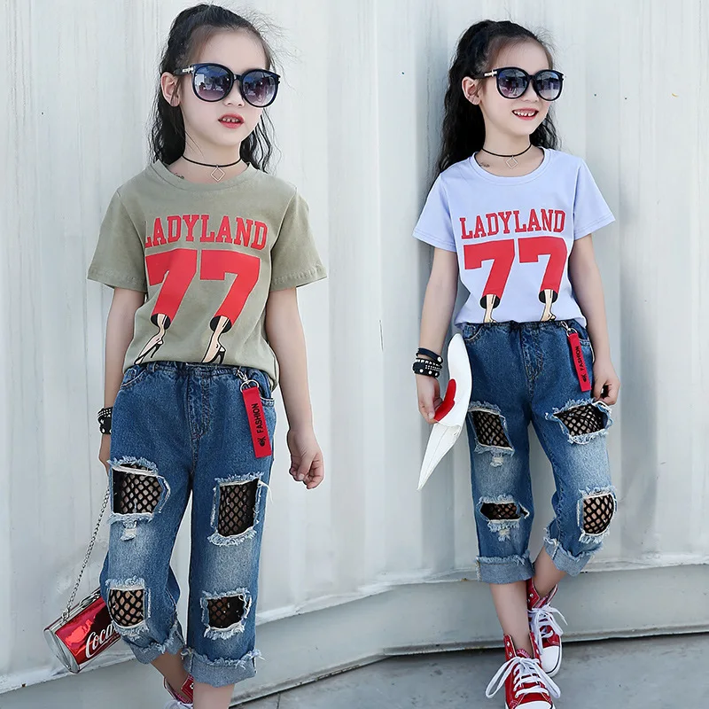 Kids Clothes Girl Summer Cotton T-shirt and Black Nets Denim Trousers Children's Clothing Sets 4-14 Ages Teen Girls sports suit | Детская