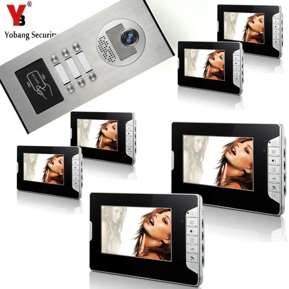 YobangSecurity 6 Eenheden Appartement 7 "Inch Wired Video Deurtelefoon Deurbel Intercom Met Toegang RFID Deur IR Camera