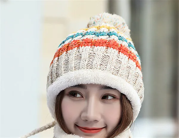 1pcs beige Теплая вязаная шапка для женщин, толстые теплые шапочки, шапки Skullies, Женский вязаный берет, шапка бини, зимняя бархатная вязаная велосипедная шапка, нагрудник - Цвет: 1pcs beige