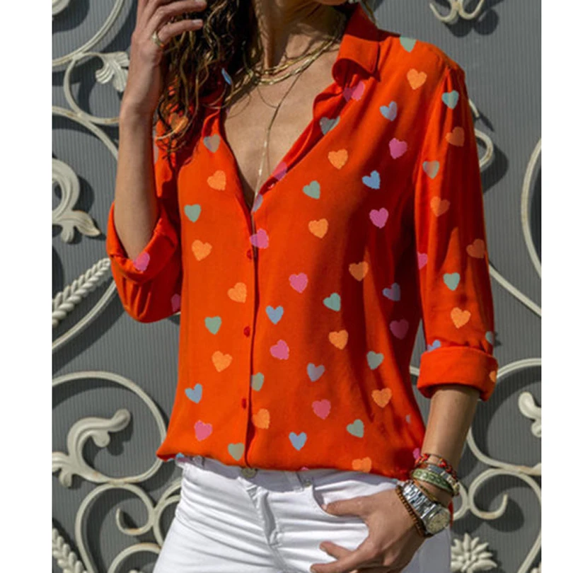Женские топы Blusa новинка с принтом сердца v образный вырез женские рубашки весна