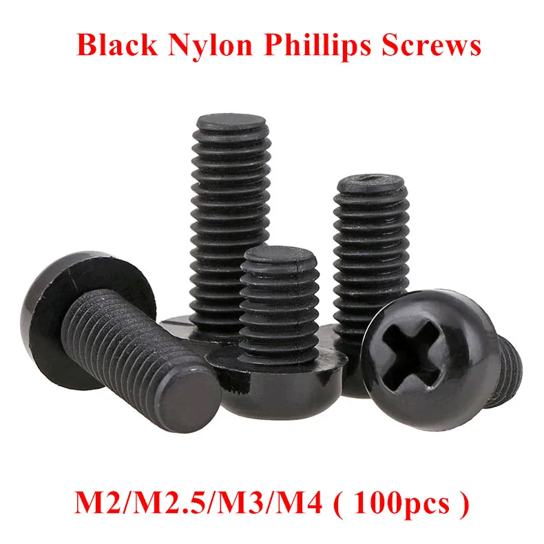 100pcs M2 M2.5 M3 M4 Black Plastic Nylon Round Pan Phillips head Machine Screws Bolts