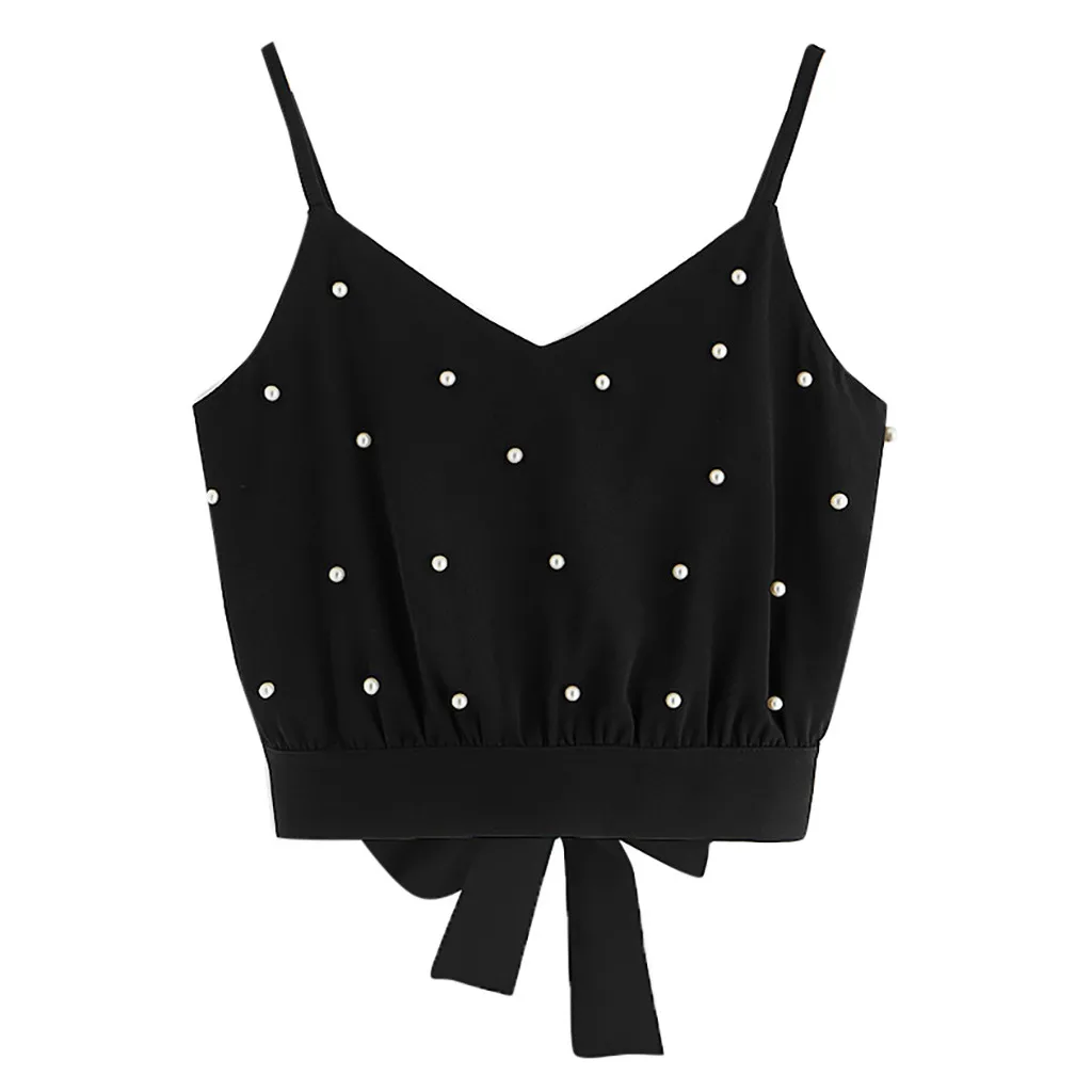 Black Модный жакет Blusas Mujer De Moda женский жилет майка с оборочками без рукавов топы однотонные жемчужные бисероплетенные топики - Цвет: Black