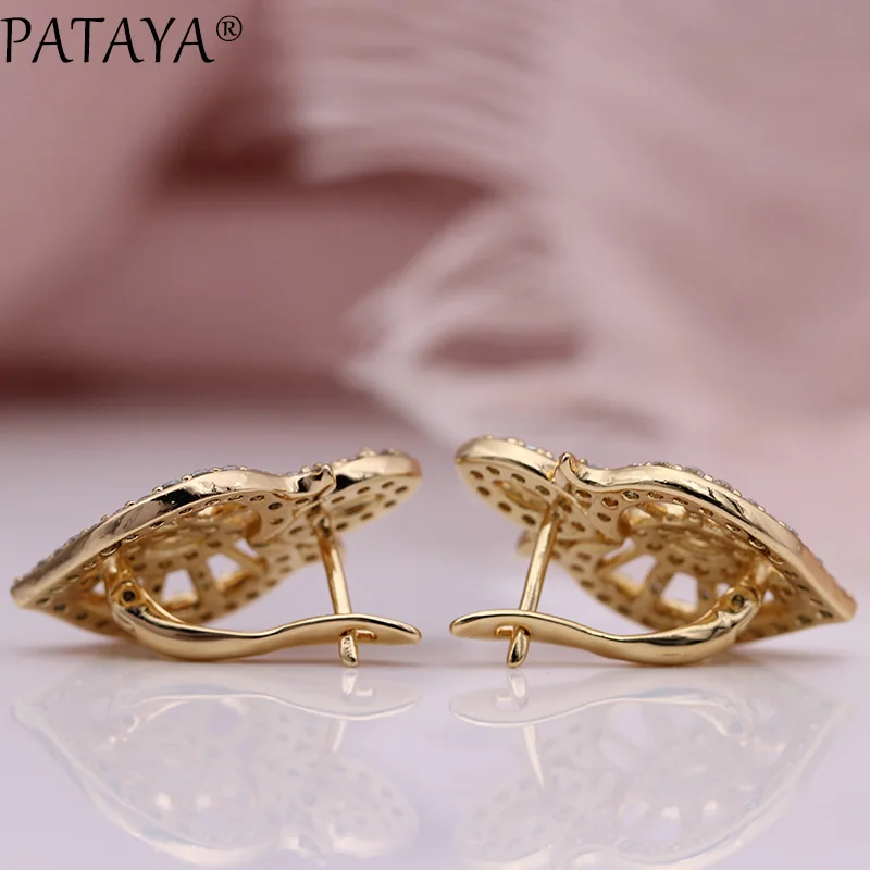 PATAYA New Wedding Luxury Hollow Dangle Earrings 585 Rose Gold Horse Eye White Natural Zircon Women Lovely Cute Fashion Jewelry | Украшения
