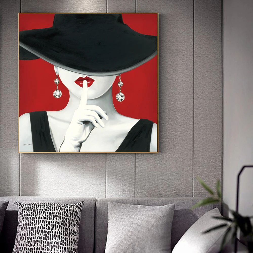 

Sexy Girl With Black Hat Canvas Art Paintings On The Wall Red Lips Pop Art Canvas Prints Modern Model Canvas Pictures Wall Decor